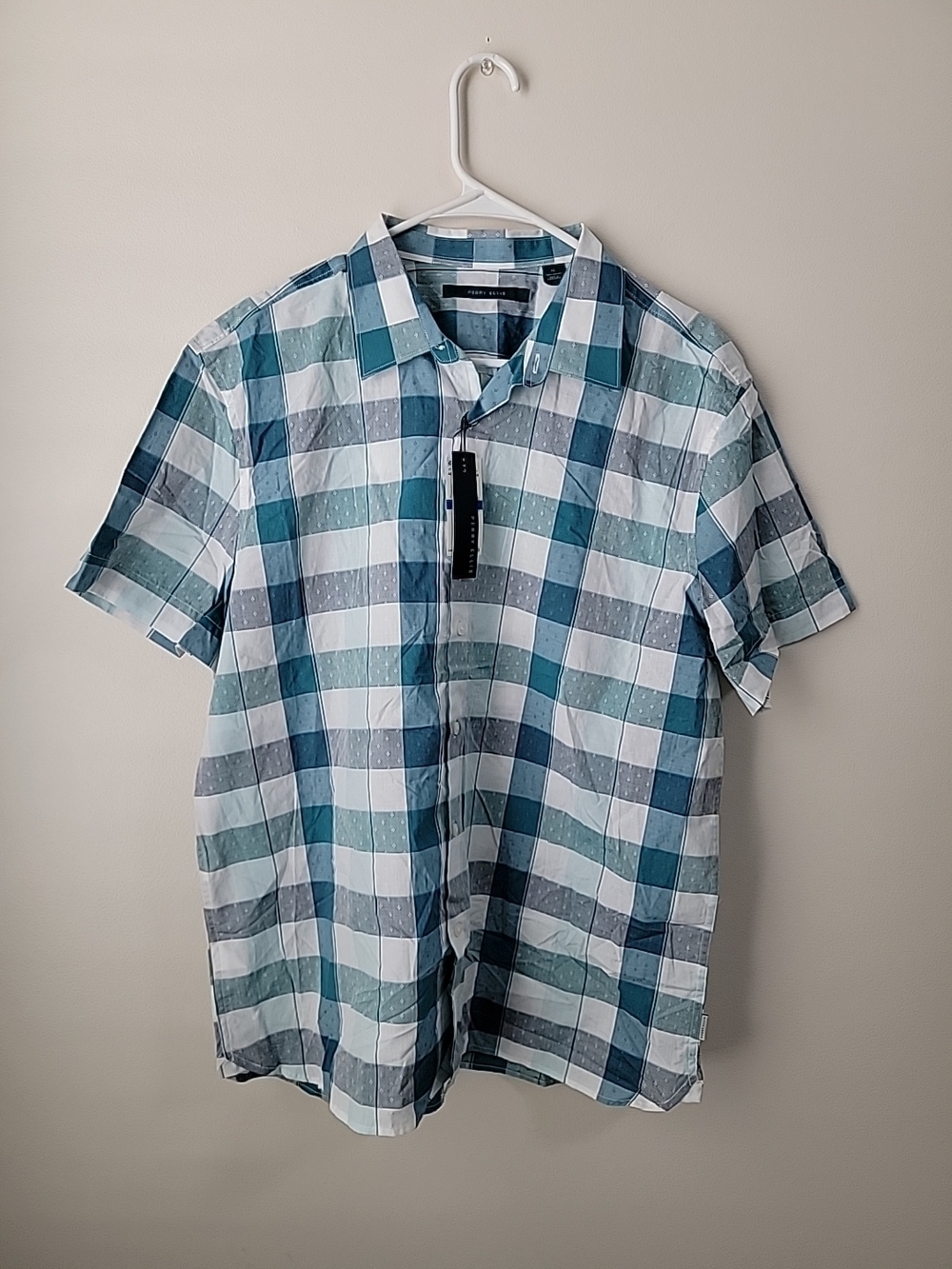 Perry Ellis Mens Plaid Short Sleeve Button Up Blue Trellis Dress Shirt Sz XL NWT